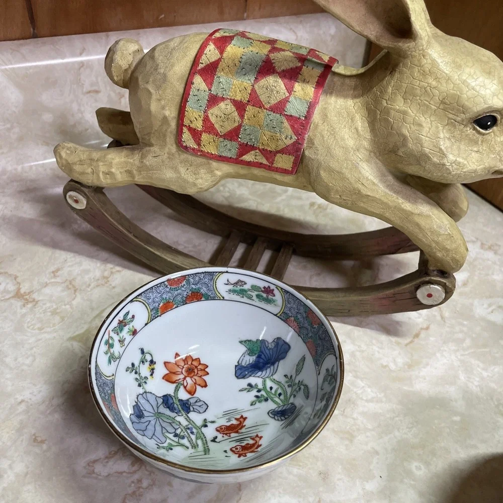 Vintage Chinese Koi Fish Ceramic Bowl - Fish Pond w/ Orange‎ Blue Flowers